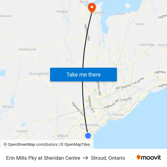 Erin Mills Pky at Sheridan Centre to Stroud, Ontario map