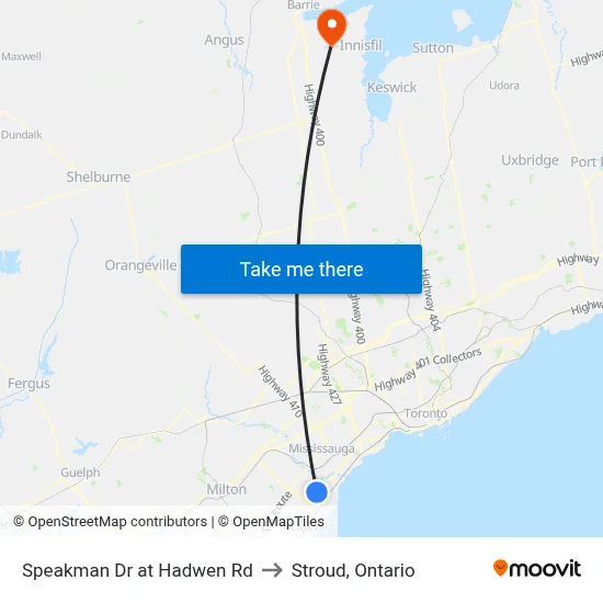 Speakman Dr at Hadwen Rd to Stroud, Ontario map
