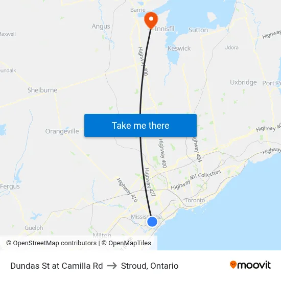 Dundas St at Camilla Rd to Stroud, Ontario map