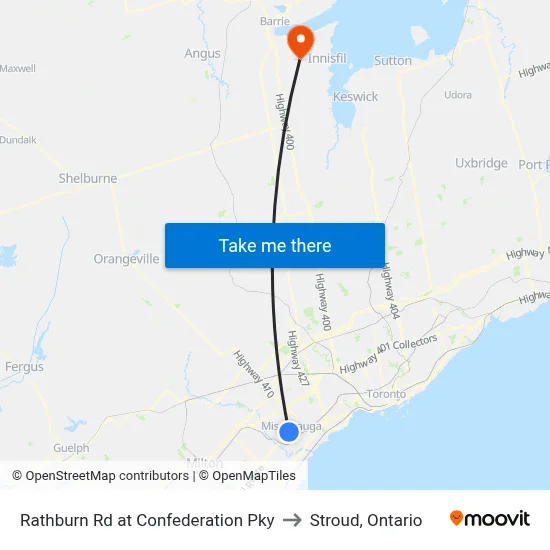 Rathburn Rd at Confederation Pky to Stroud, Ontario map