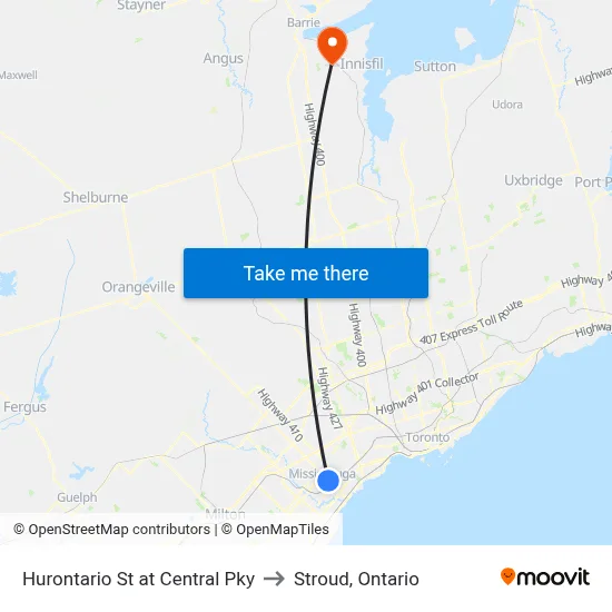 Hurontario St at Central Pky to Stroud, Ontario map