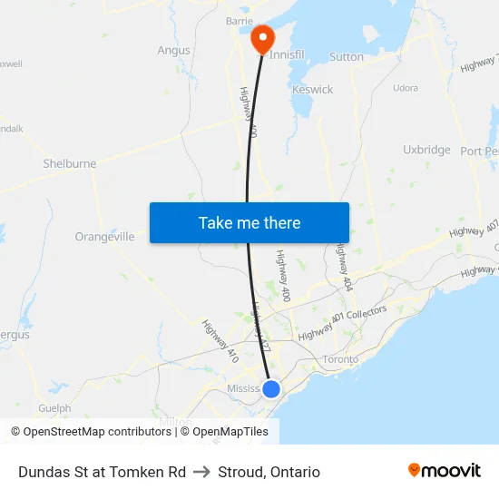 Dundas St at Tomken Rd to Stroud, Ontario map