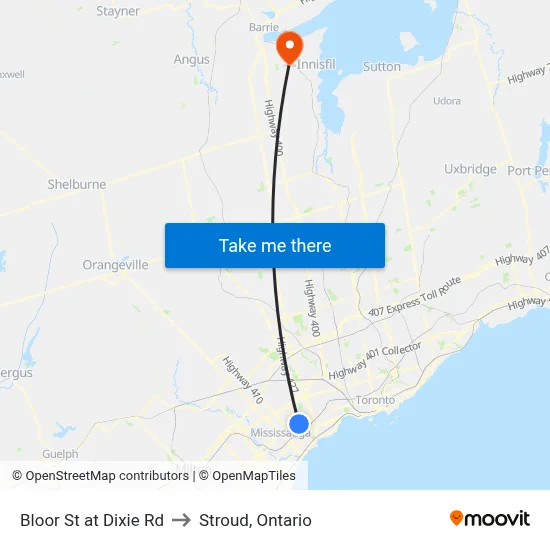 Bloor St at Dixie Rd to Stroud, Ontario map