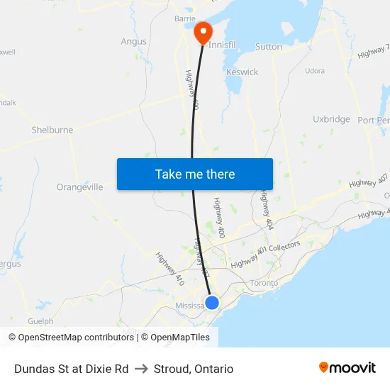 Dundas St at Dixie Rd to Stroud, Ontario map