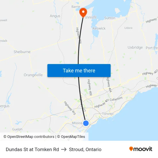 Dundas St at Tomken Rd to Stroud, Ontario map