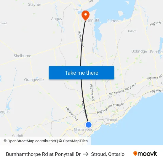 Burnhamthorpe Rd at Ponytrail Dr to Stroud, Ontario map