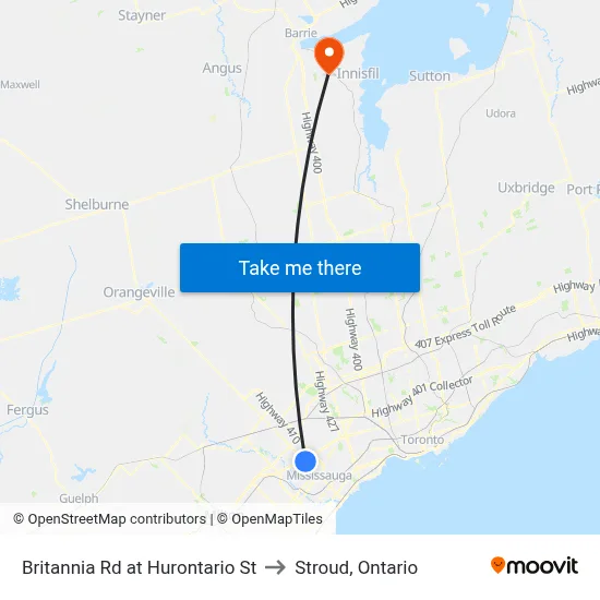 Britannia Rd at Hurontario St to Stroud, Ontario map