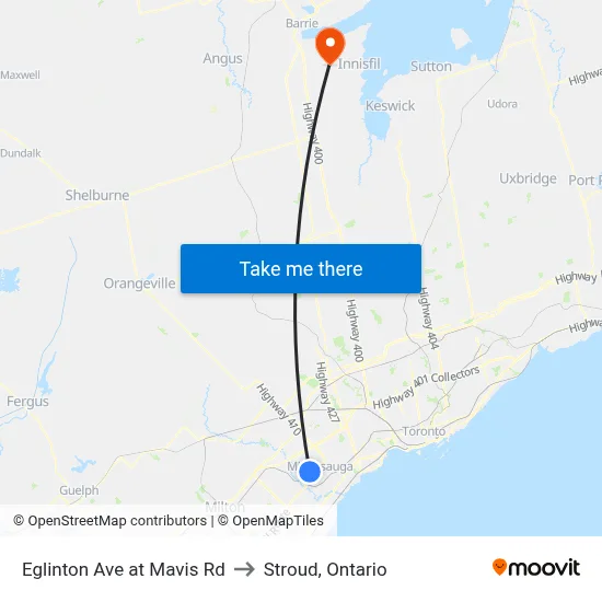 Eglinton Ave at Mavis Rd to Stroud, Ontario map