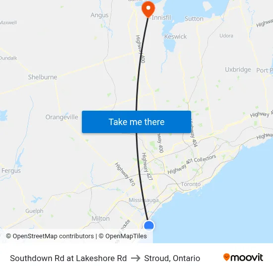 Southdown Rd at Lakeshore Rd to Stroud, Ontario map