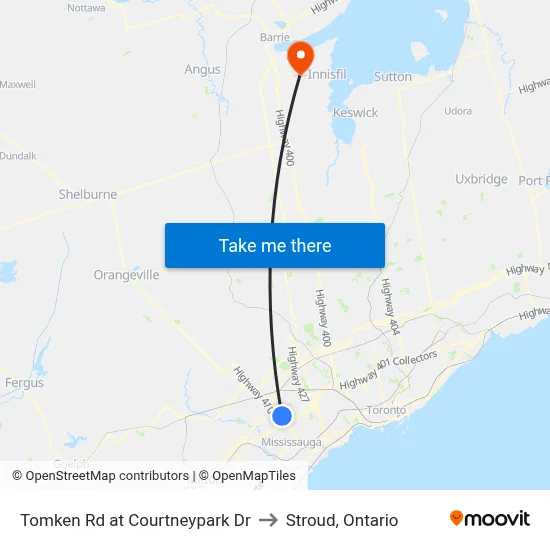 Tomken Rd at Courtneypark Dr to Stroud, Ontario map