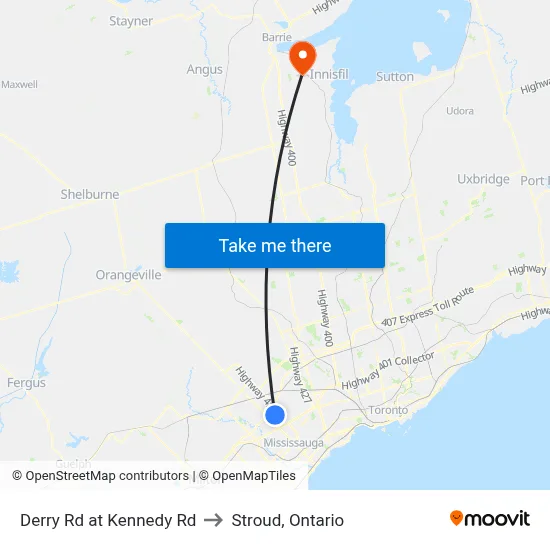Derry Rd at Kennedy Rd to Stroud, Ontario map