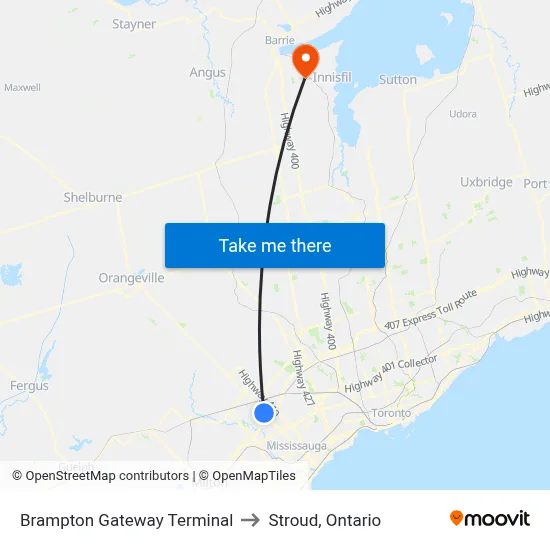 Brampton Gateway Terminal to Stroud, Ontario map