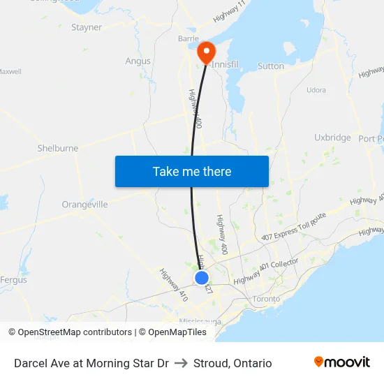 Darcel Ave at Morning Star Dr to Stroud, Ontario map