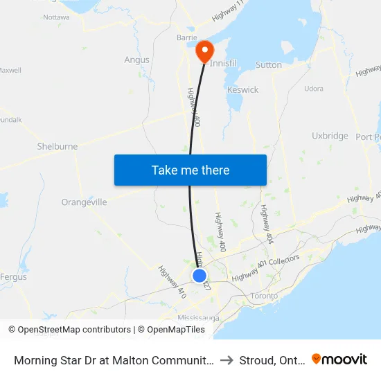 Morning Star Dr at Malton Community Centre to Stroud, Ontario map
