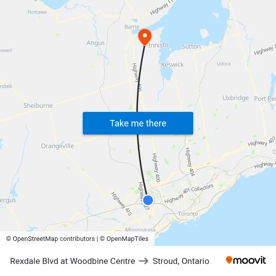 Rexdale Blvd at Woodbine Centre to Stroud, Ontario map