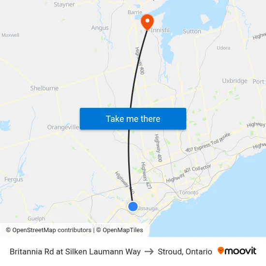 Britannia Rd at Silken Laumann Way to Stroud, Ontario map