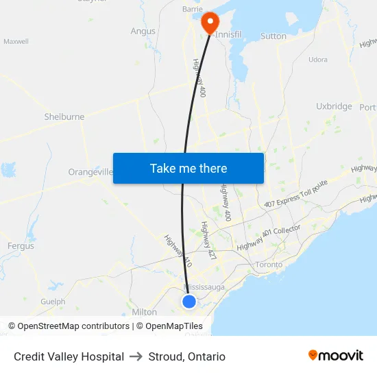 Credit Valley Hospital to Stroud, Ontario map