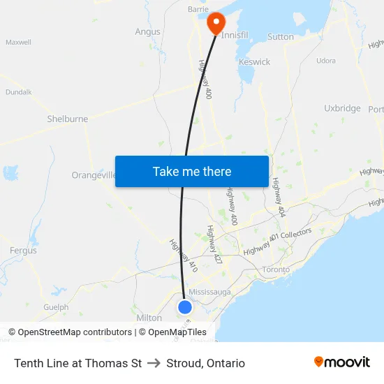 Tenth Line at Thomas St to Stroud, Ontario map