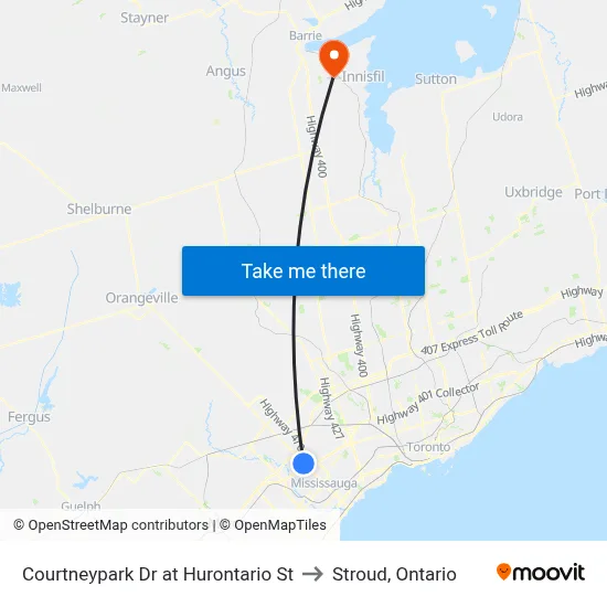 Courtneypark Dr at Hurontario St to Stroud, Ontario map