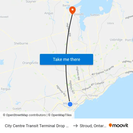 City Centre Transit Terminal Drop Off to Stroud, Ontario map