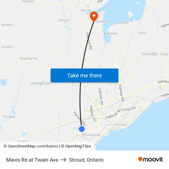 Mavis Rd at Twain Ave to Stroud, Ontario map