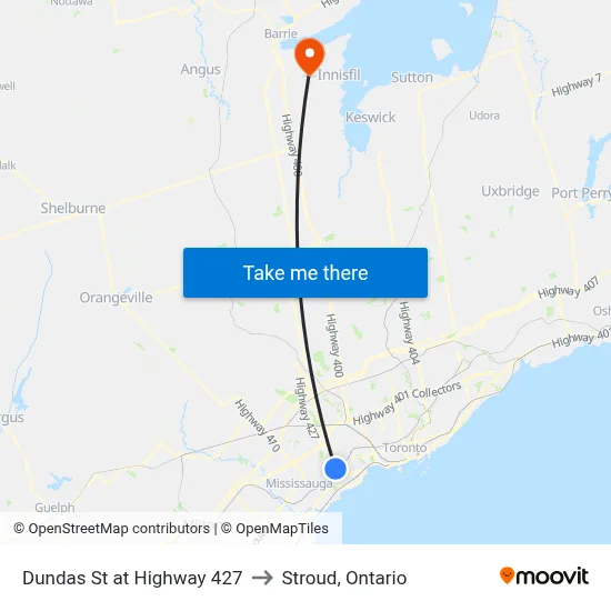 Dundas St at Highway 427 to Stroud, Ontario map
