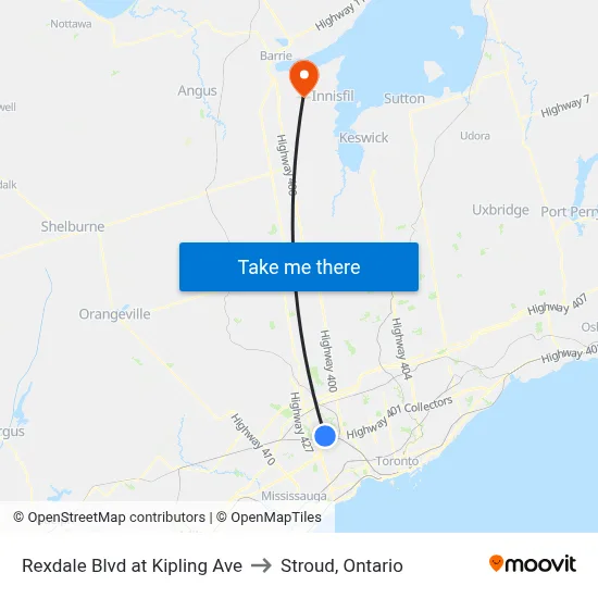 Rexdale Blvd at Kipling Ave to Stroud, Ontario map