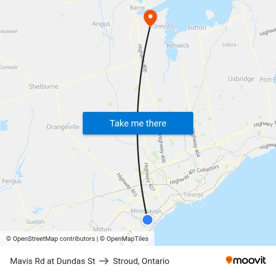 Mavis Rd at Dundas St to Stroud, Ontario map