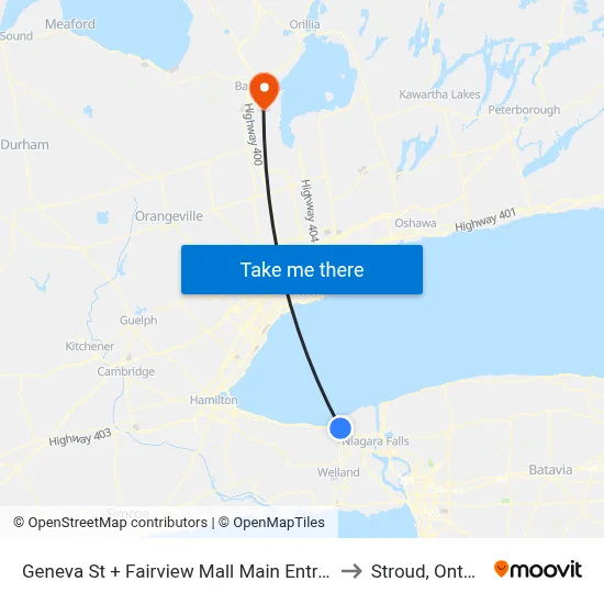 Geneva St + Fairview Mall Main Entrance to Stroud, Ontario map