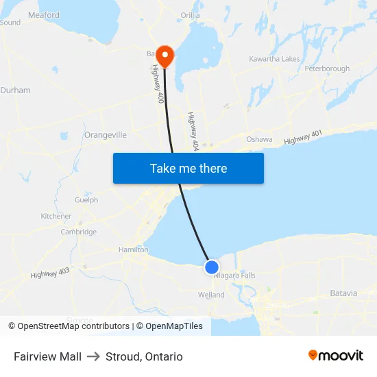 Fairview Mall to Stroud, Ontario map
