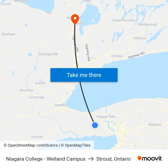 Niagara College - Welland Campus to Stroud, Ontario map
