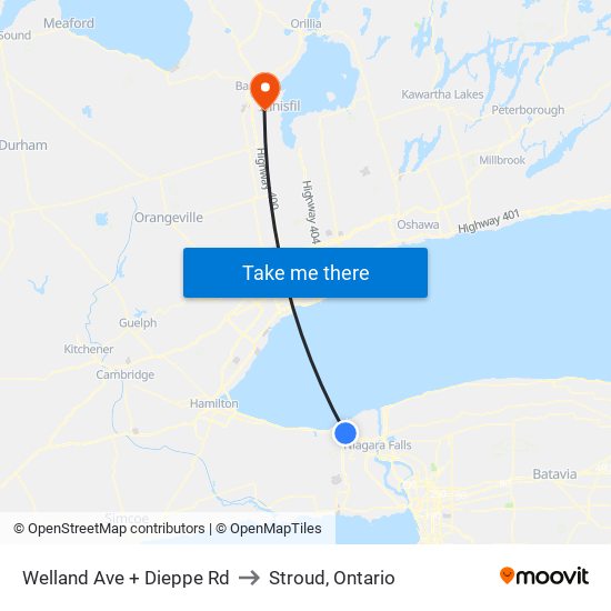 Welland Ave + Dieppe Rd to Stroud, Ontario map