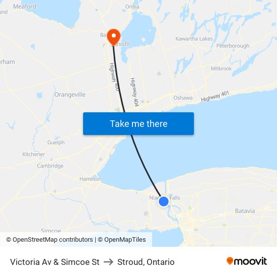 Victoria Av & Simcoe St to Stroud, Ontario map