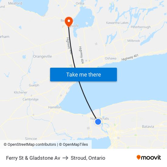 Ferry St & Gladstone Av to Stroud, Ontario map