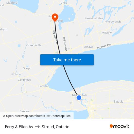 Ferry & Ellen Av to Stroud, Ontario map