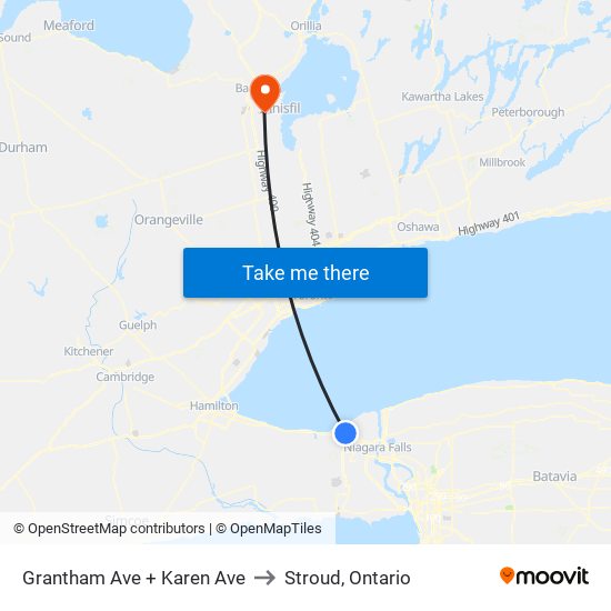 Grantham Ave + Karen Ave to Stroud, Ontario map