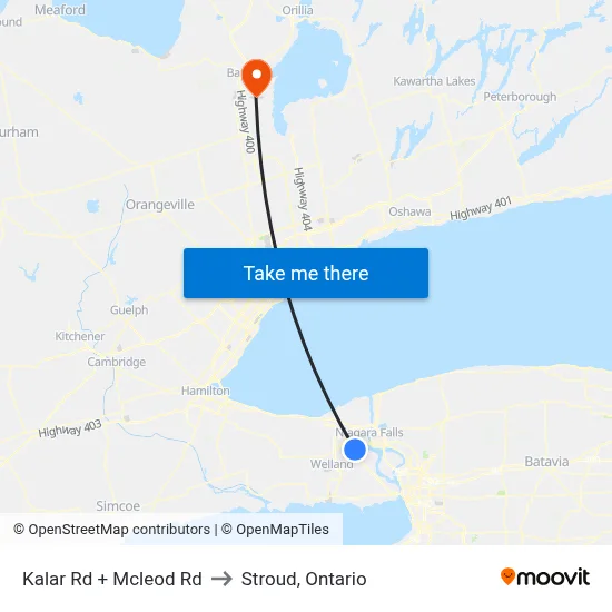 Kalar Rd + Mcleod Rd to Stroud, Ontario map