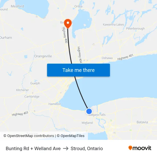 Bunting Rd + Welland Ave to Stroud, Ontario map