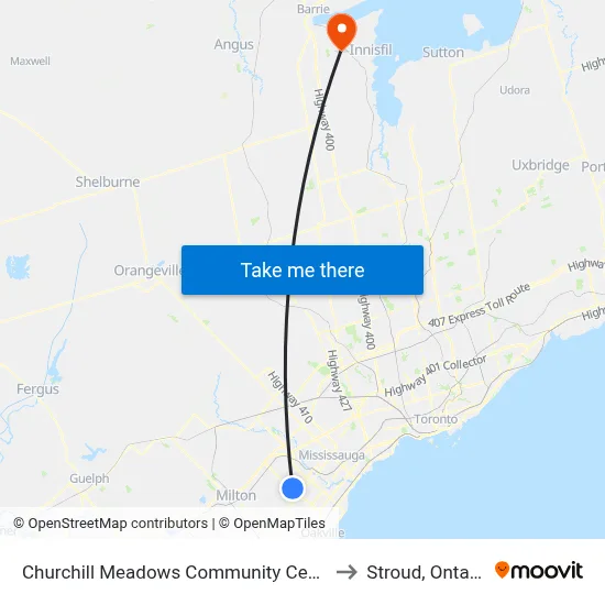 Churchill Meadows Community Centre to Stroud, Ontario map