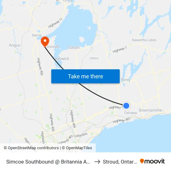 Simcoe Southbound @ Britannia Ave. to Stroud, Ontario map