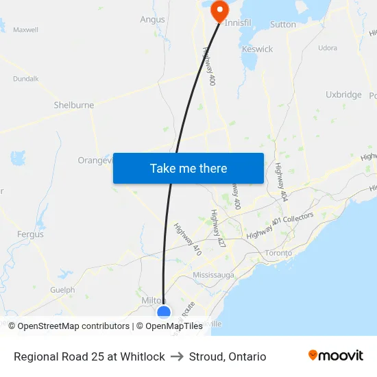 Regional Road 25 at Whitlock to Stroud, Ontario map