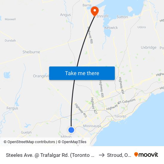 Steeles Ave. @ Trafalgar Rd. (Toronto Premium Outlets) to Stroud, Ontario map