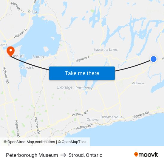 Peterborough Museum to Stroud, Ontario map