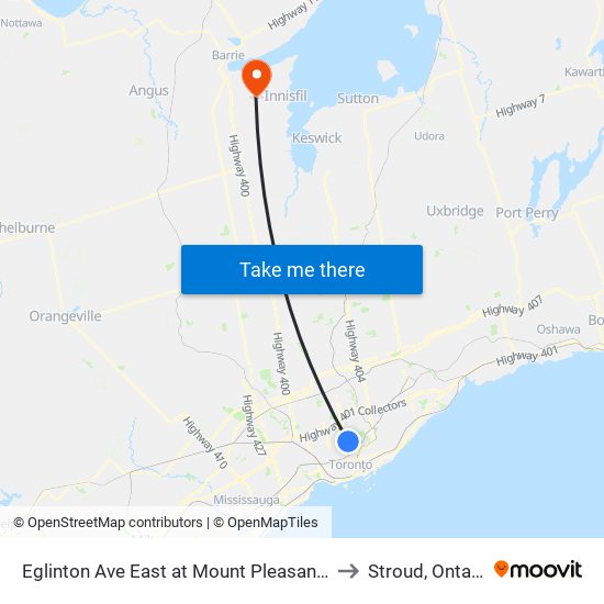 Eglinton Ave East at Mount Pleasant Rd to Stroud, Ontario map