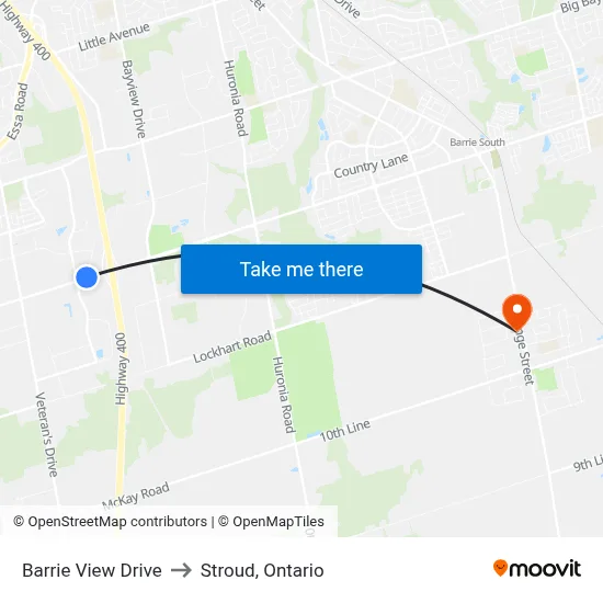 Barrie View Drive to Stroud, Ontario map
