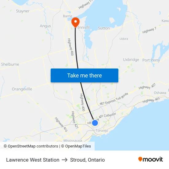 Lawrence West Station to Stroud, Ontario map