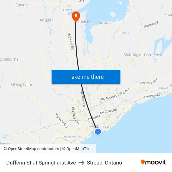 Dufferin St at Springhurst Ave to Stroud, Ontario map