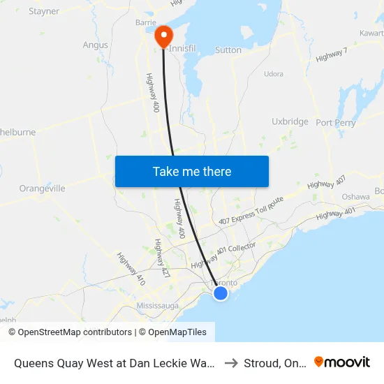 Queens Quay West at Dan Leckie Way East Side to Stroud, Ontario map