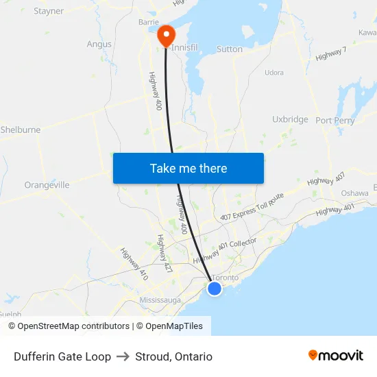 Dufferin Gate Loop to Stroud, Ontario map
