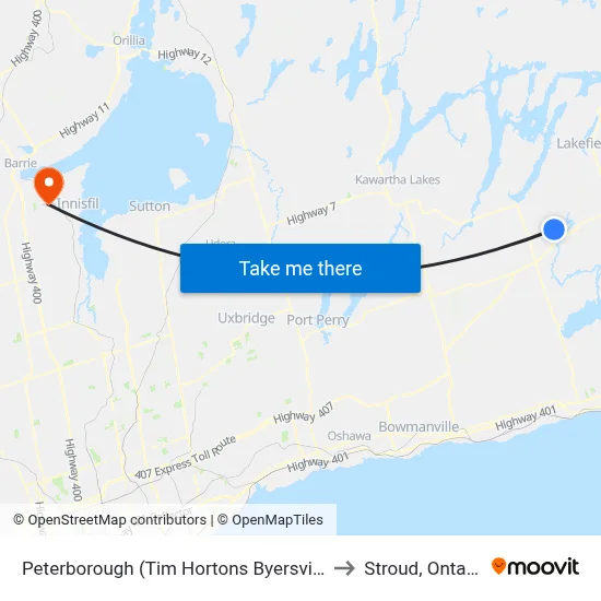 Peterborough (Tim Hortons Byersville) to Stroud, Ontario map